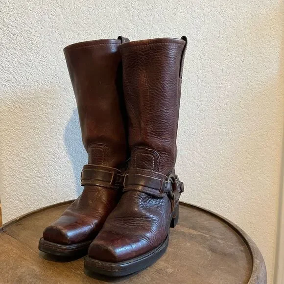 FRYE Harness Brown Leather Belted Square Toe Riding Boots Women's Size 6 - Picture 2 of 16
